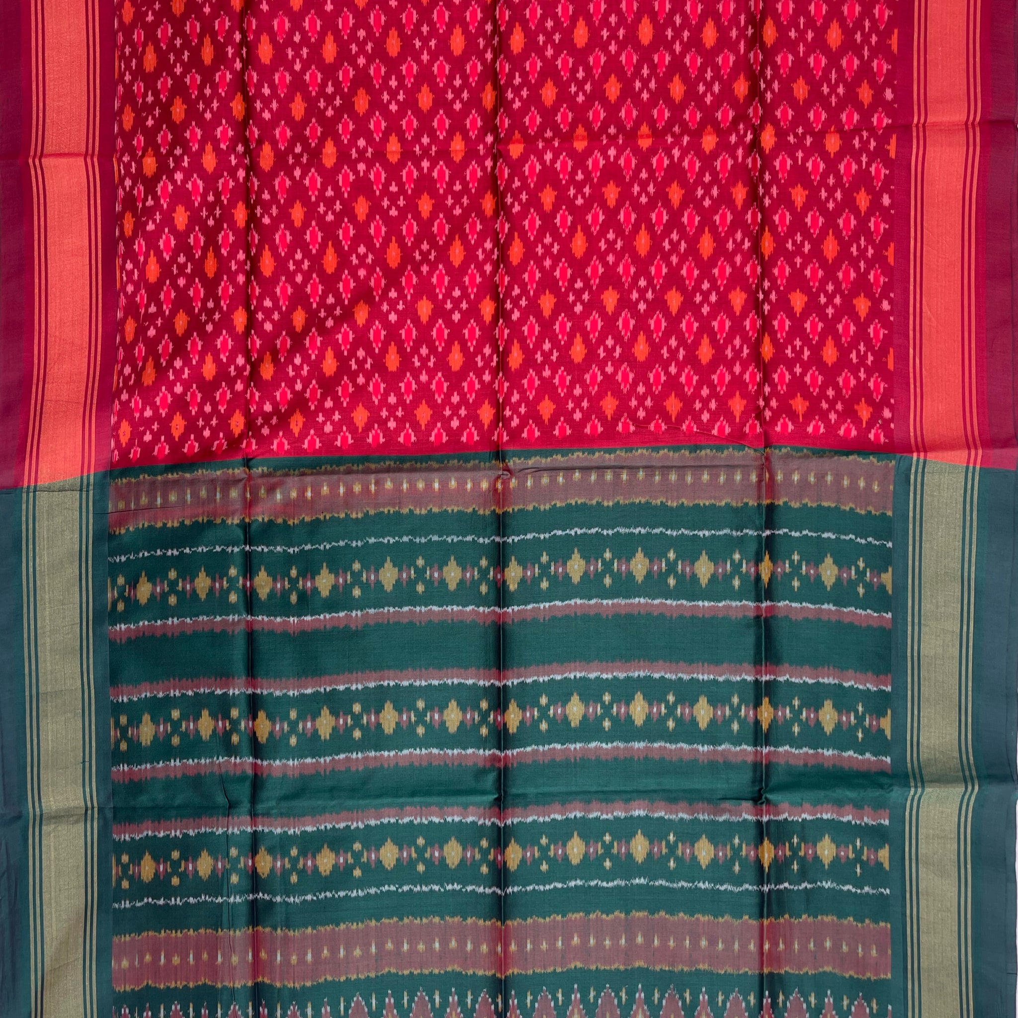 Red & Green Pochampally ikkat Silk Cotton Duppata