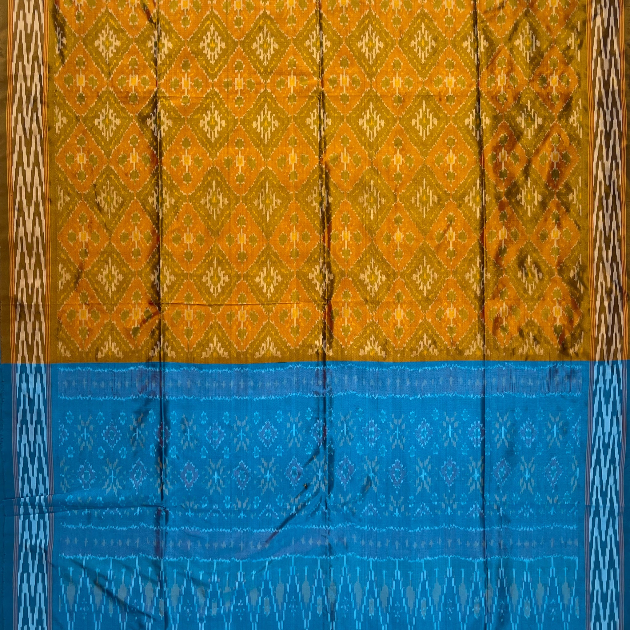 Brown Yellow & Sky blue colour Pochampalli Ikkat Handloom silk duppata