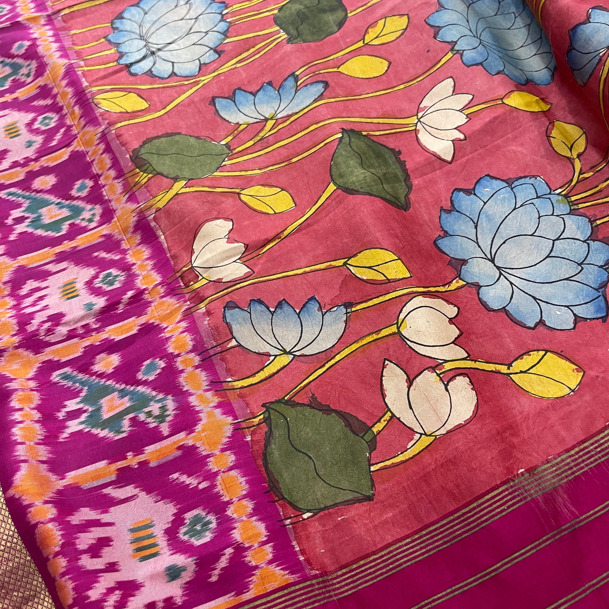 Pen Kalamkari X ikkat Silk Sari