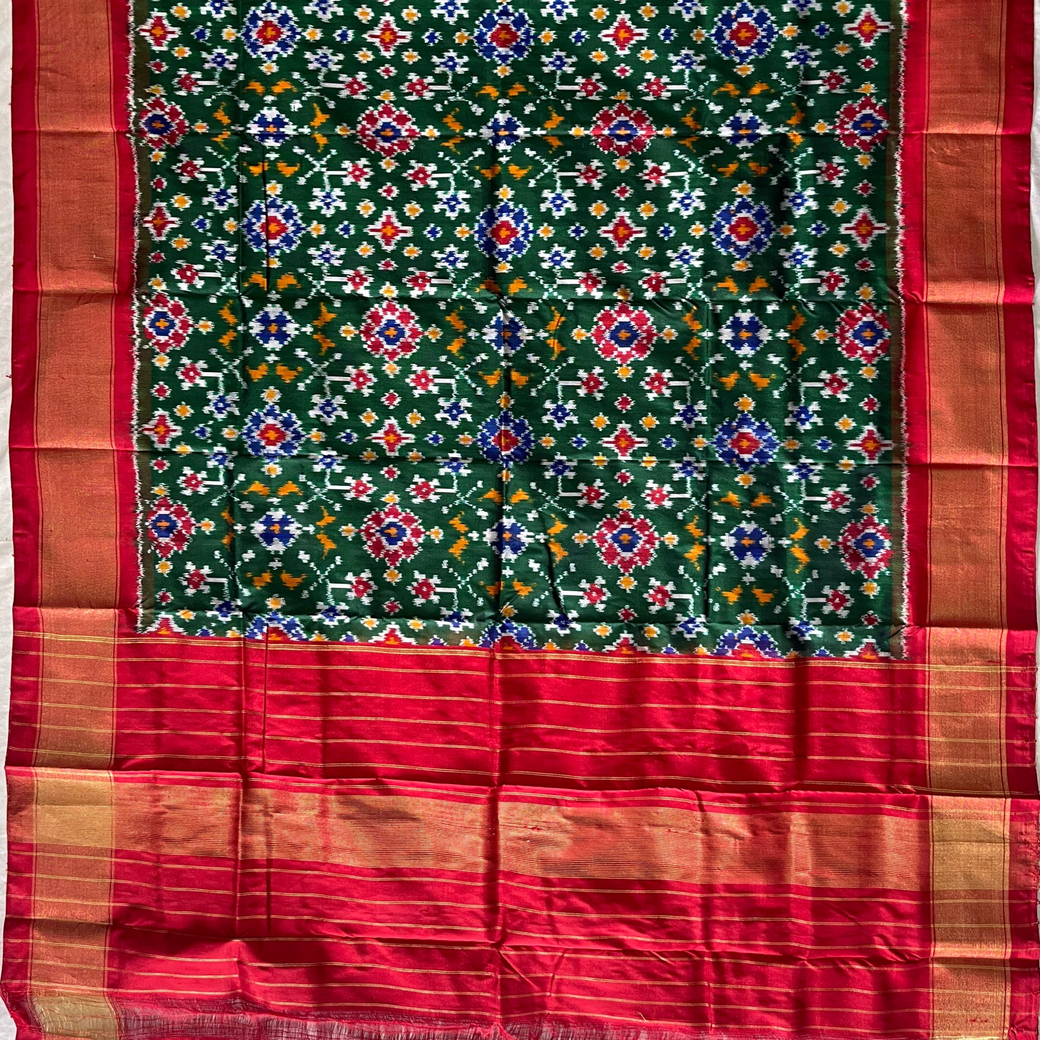 Bottle Green & Red  colour Ikkat Handloom silk duppata