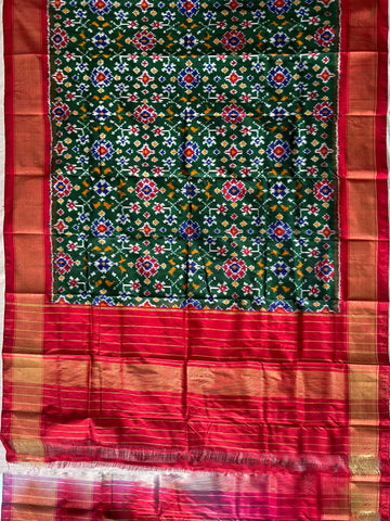 Bottle Green & Red  colour Ikkat Handloom silk duppata