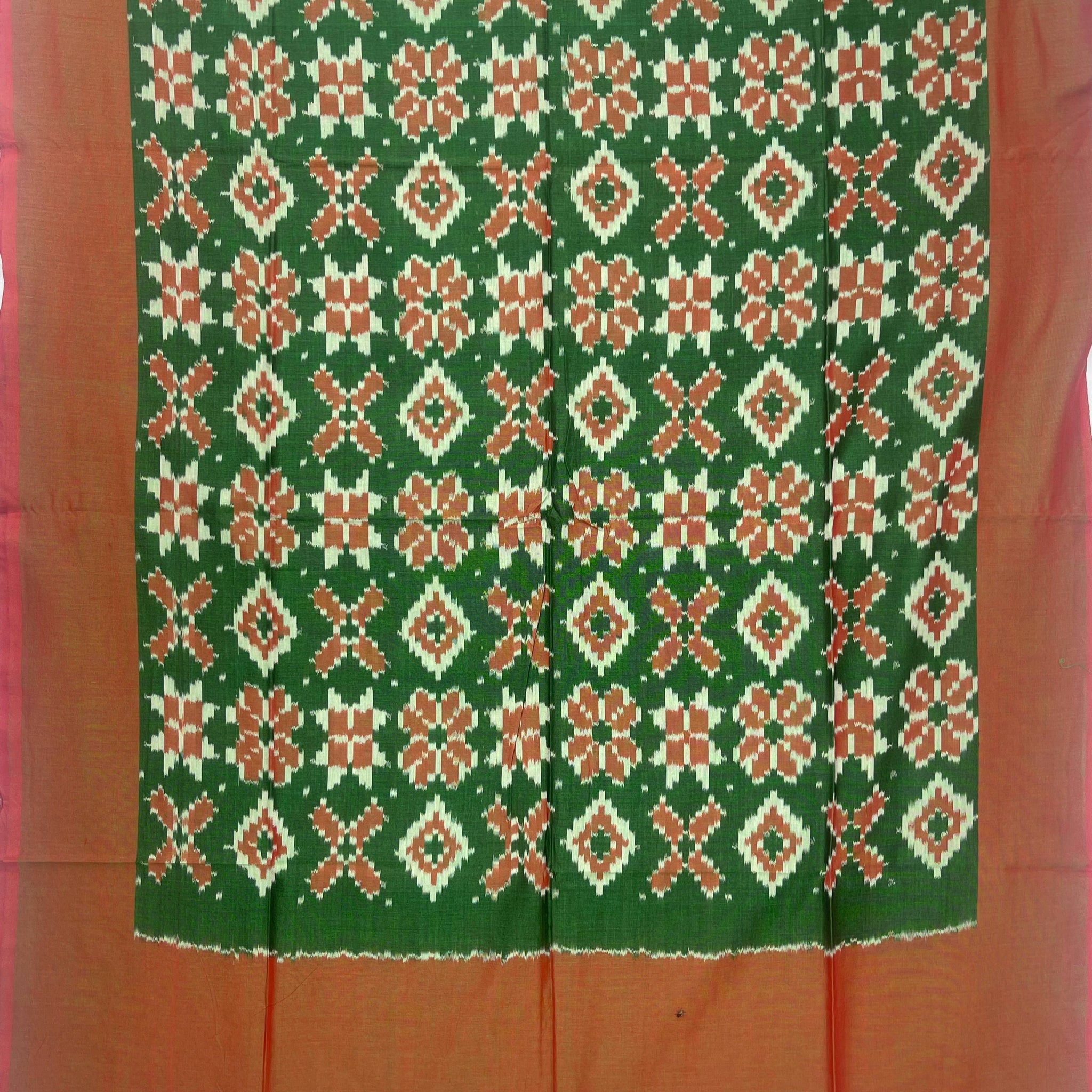 Pochampally Ikkat Cotton Duppata In Green & Red Colour