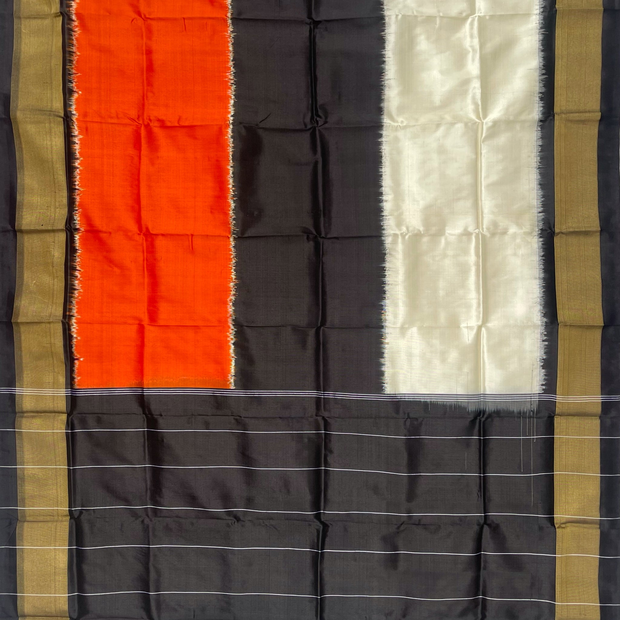 Black & Off White & Orange colour Pochampalli Ikkat Handloom silk duppata