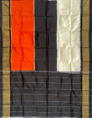 Black & Off White & Orange colour Pochampalli Ikkat Handloom silk duppata
