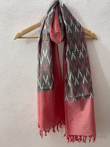 Grey & Pink V design Pochampalli Ikat Stole | Handwoven Cotton
