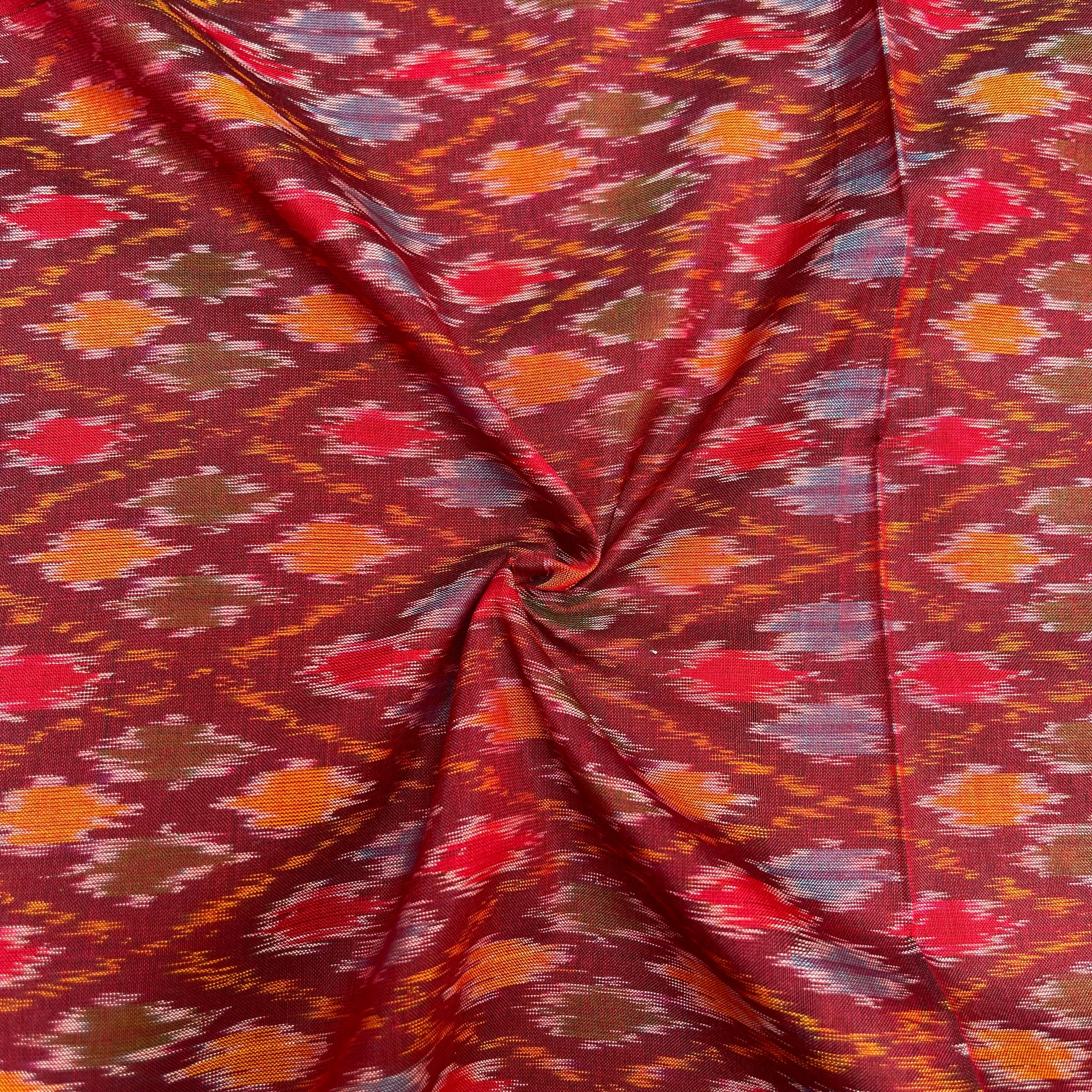 Maroon Color Raw Silk Ikkat cotton Fabric