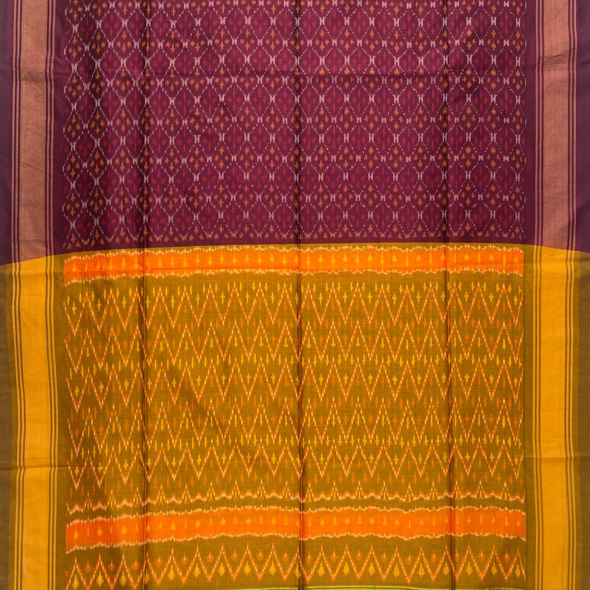 Maroon & Yellow Colour Pochampally Ikkat Silk Cotton Duppata