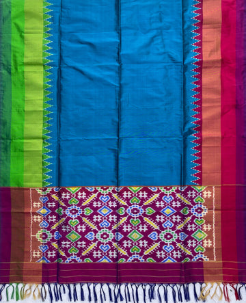 Blue & Parrot Green & Magenta Pink colour Pochampalli Ikkat Handloom silk duppata
