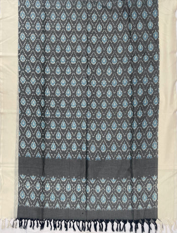 Pochampally Ikkat Cotton Duppata In Gray & Off White Colour
