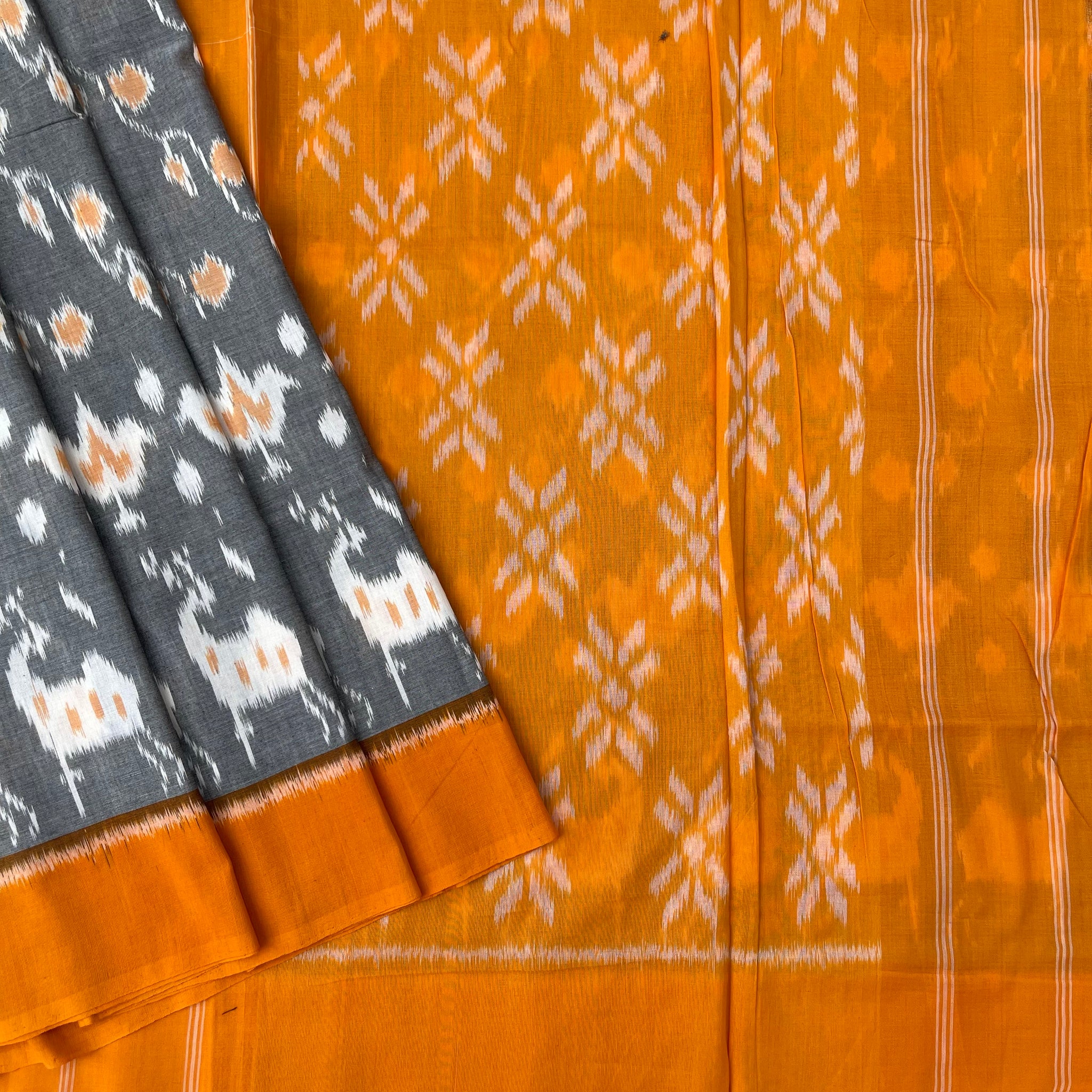 Grey & Mustard Yellow Ikkat Cotton sari
