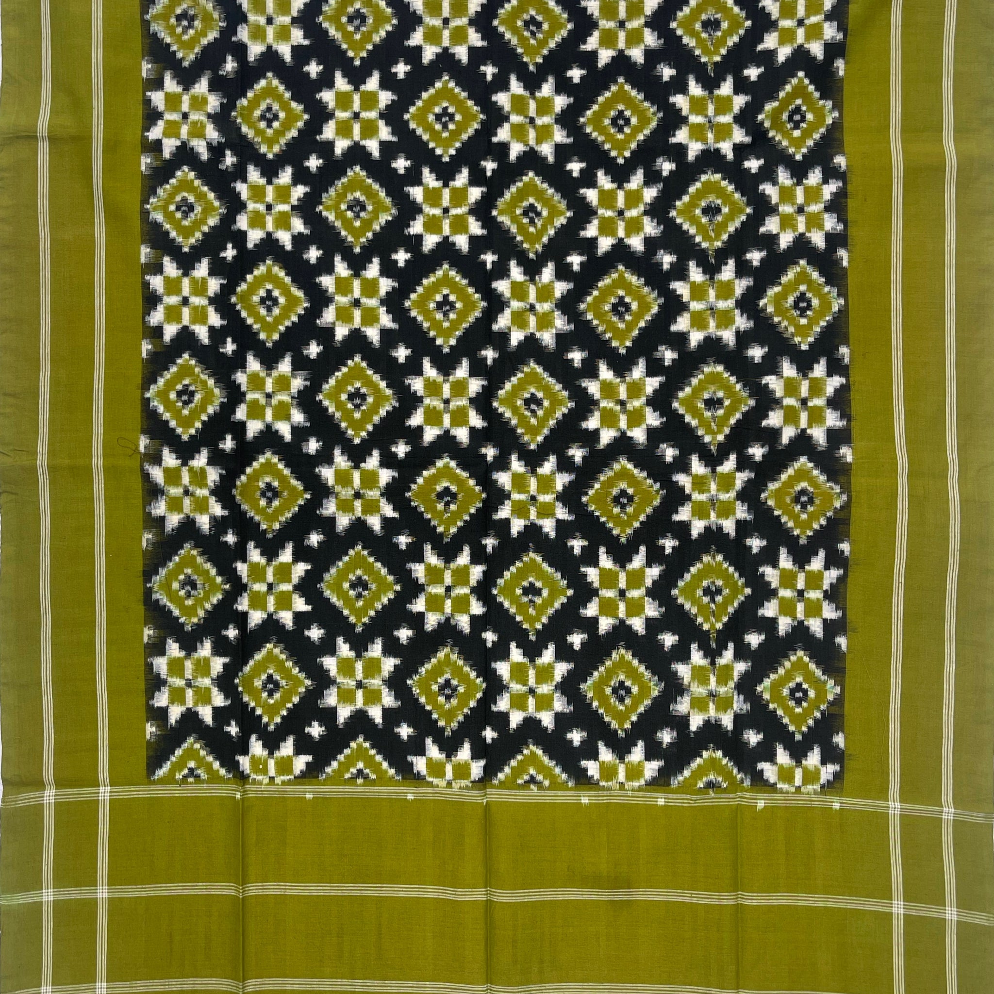 Telia Rumal Ikkat Cotton Duppata In Mahendi  Green & Black Color