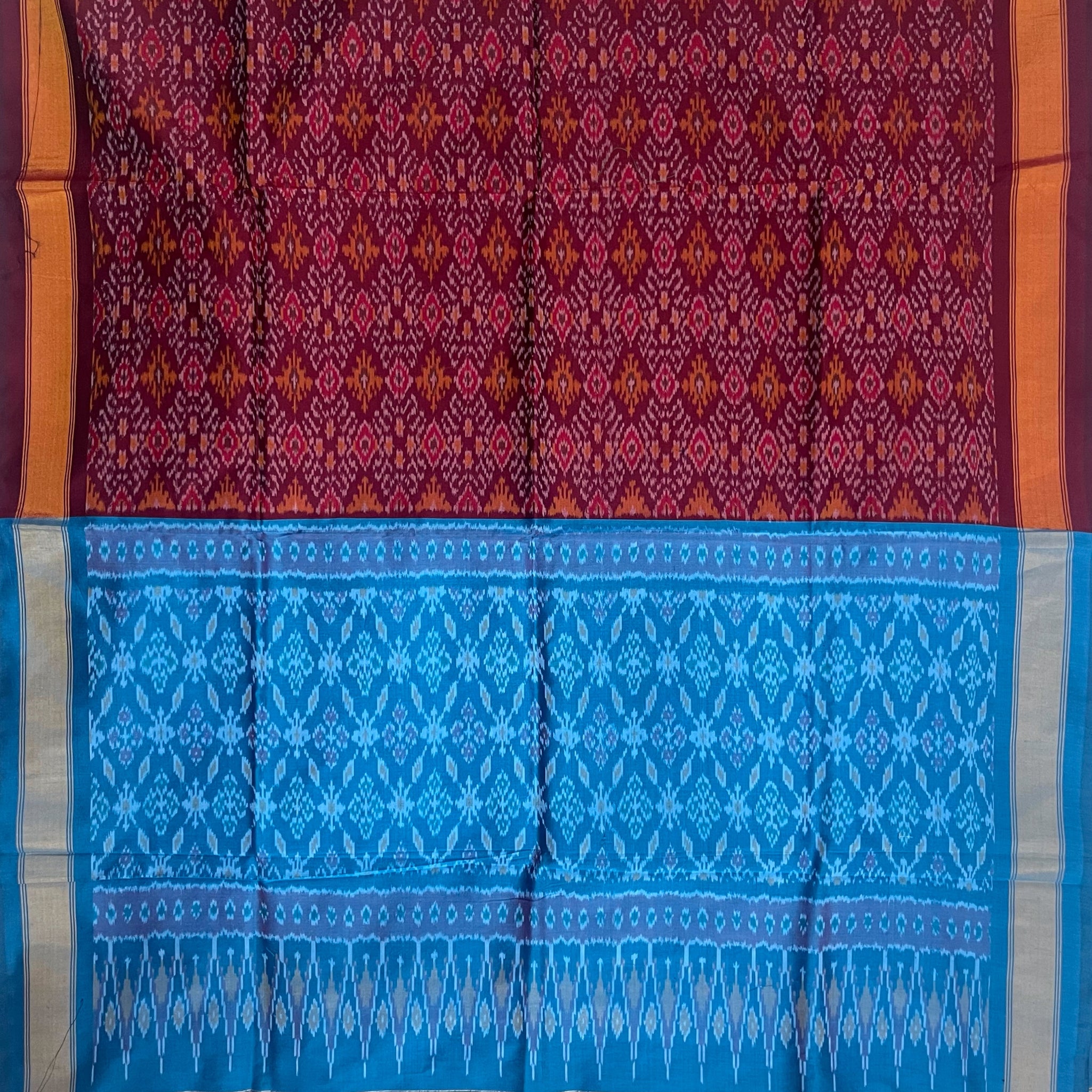 Maroon & Blue Colour Pochampally Ikkat Silk Cotton Duppata