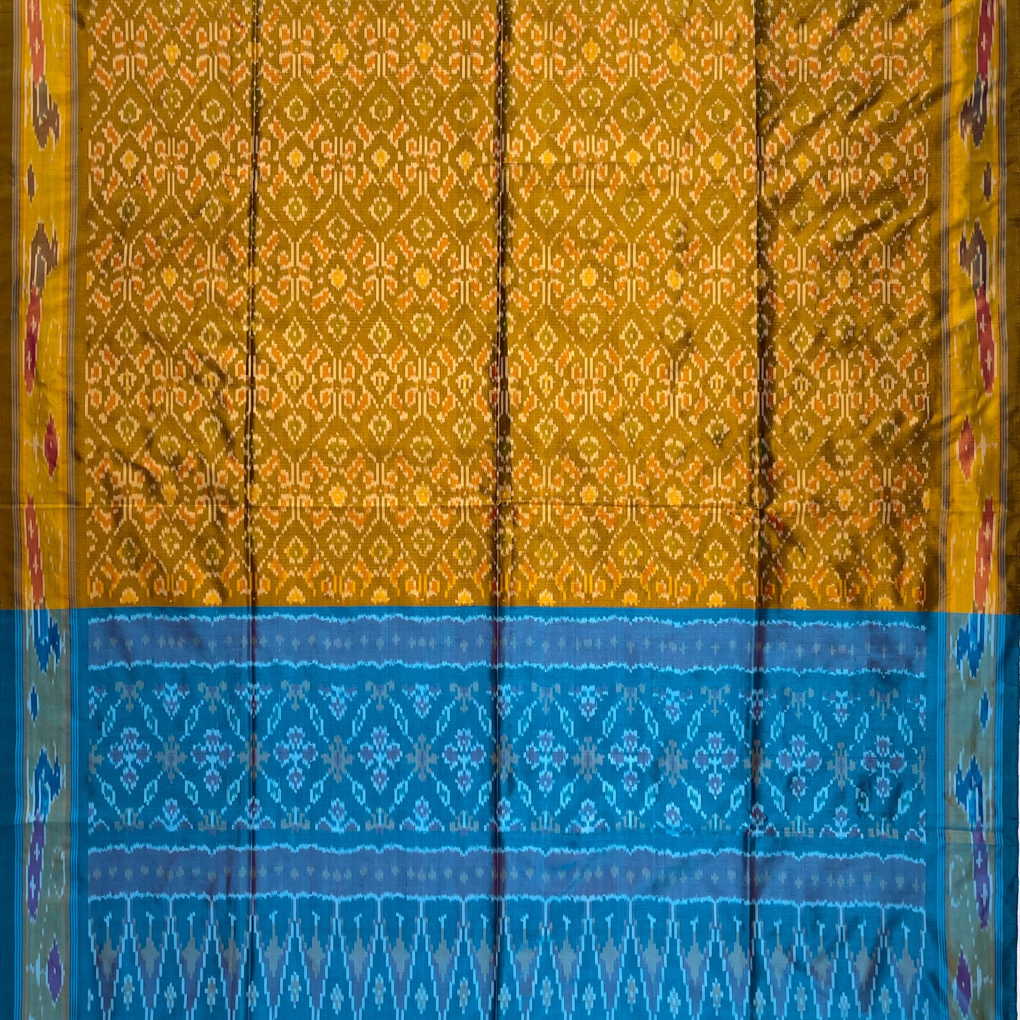 Golden Brown & Sky Blue colour Pochampalli Ikkat Handloom silk duppata