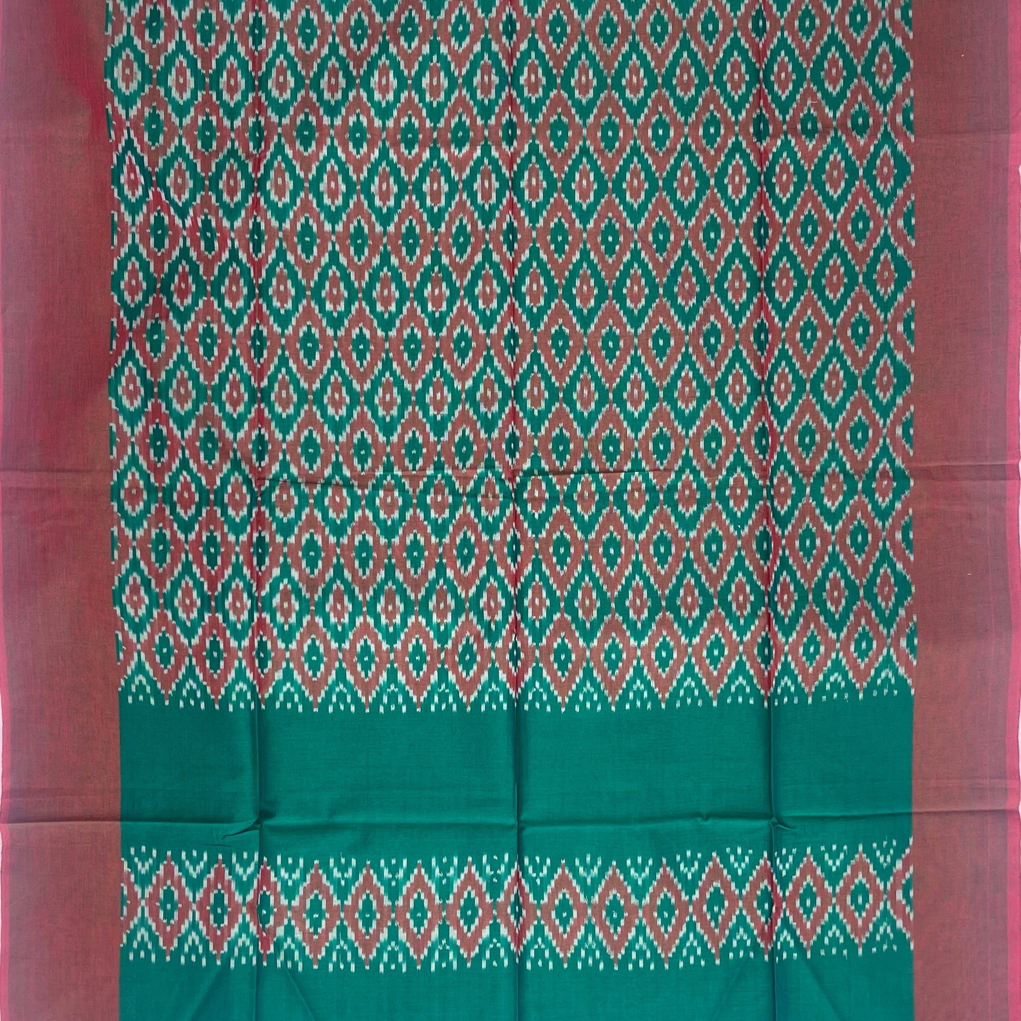 Pochampally Ikkat Cotton Duppata In Green & Maroon