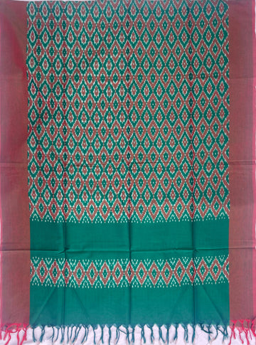 Pochampally Ikkat Cotton Duppata In Green & Maroon