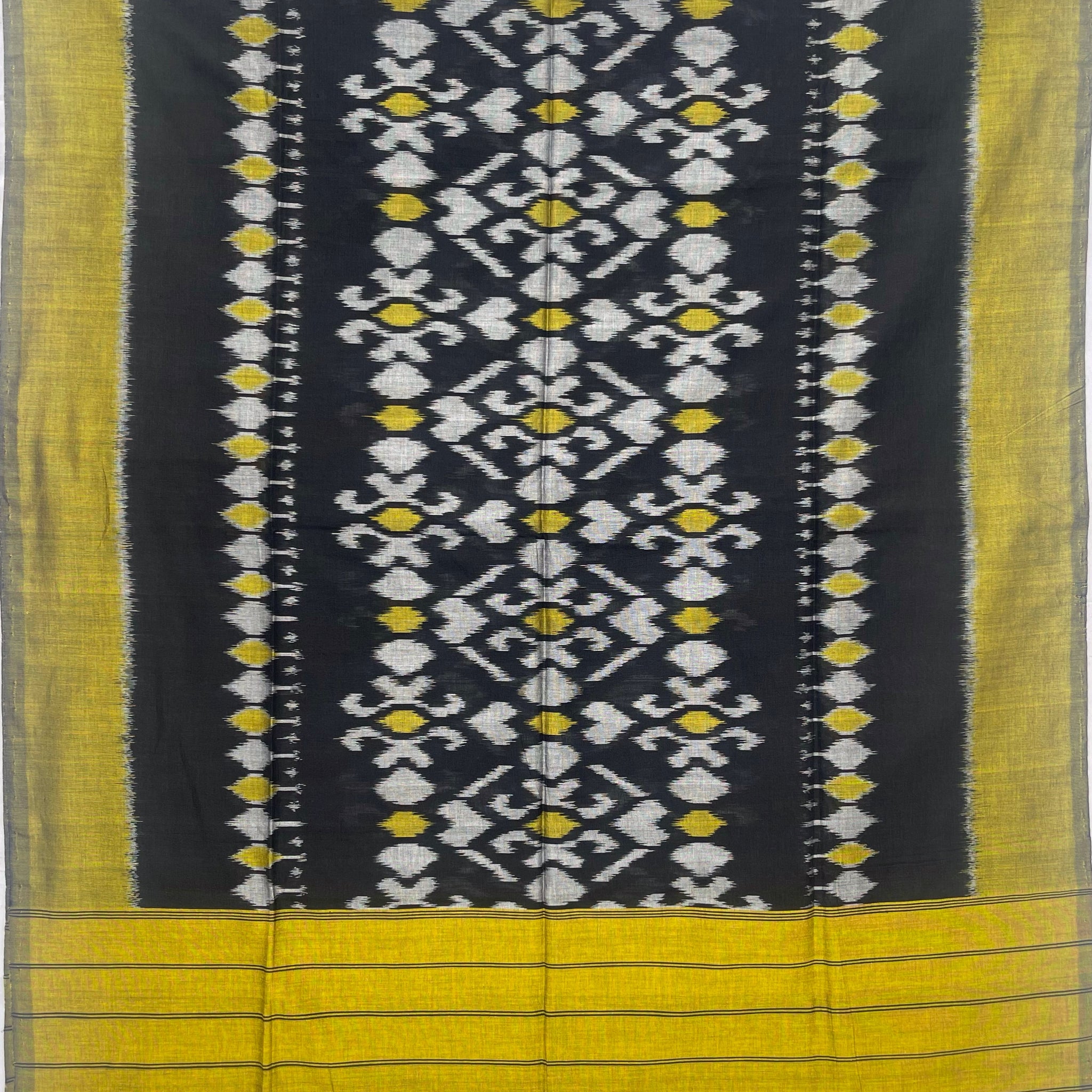 Pochampally Ikkat Cotton Duppata In Black & Mahendi Green
