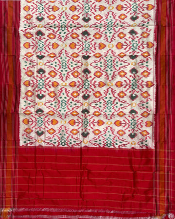 Off White & Red colour Pochampalli Ikkat Handloom silk duppata