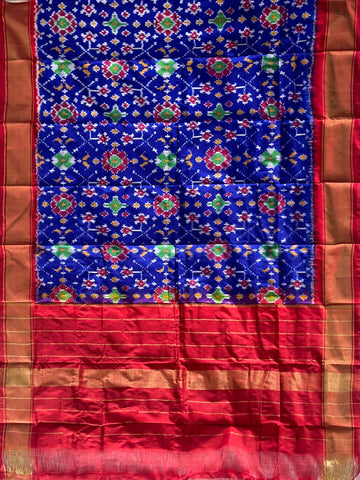 Blue & Red colour Pochampalli Ikkat Handloom silk duppata