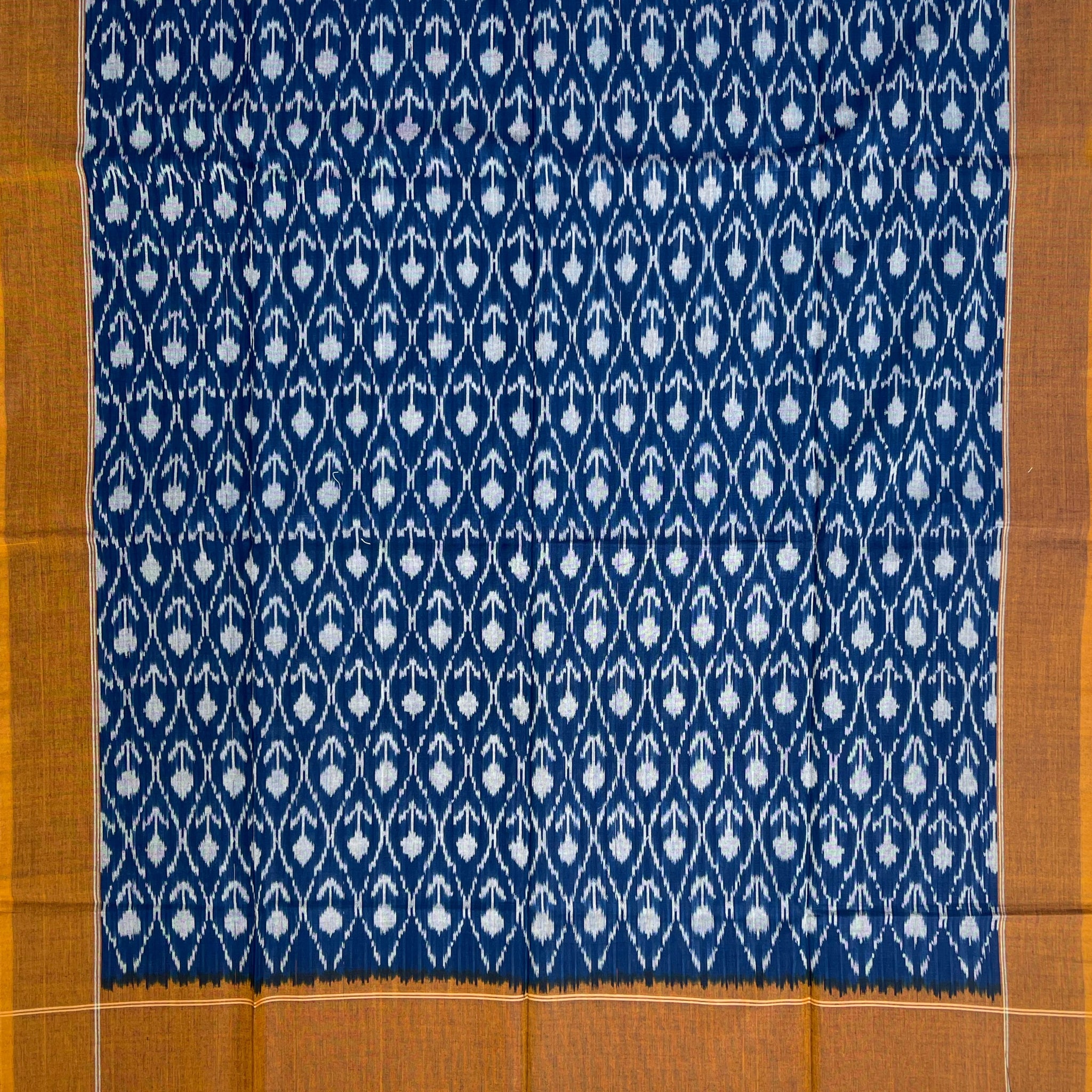 Pochampally Ikkat Cotton Duppata In Blue & Brownish Yellow Colour