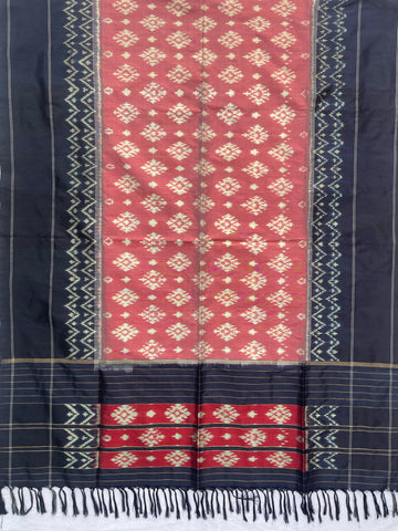 Black & Pestal Red colour Pochampalli Ikkat Handloom silk duppata