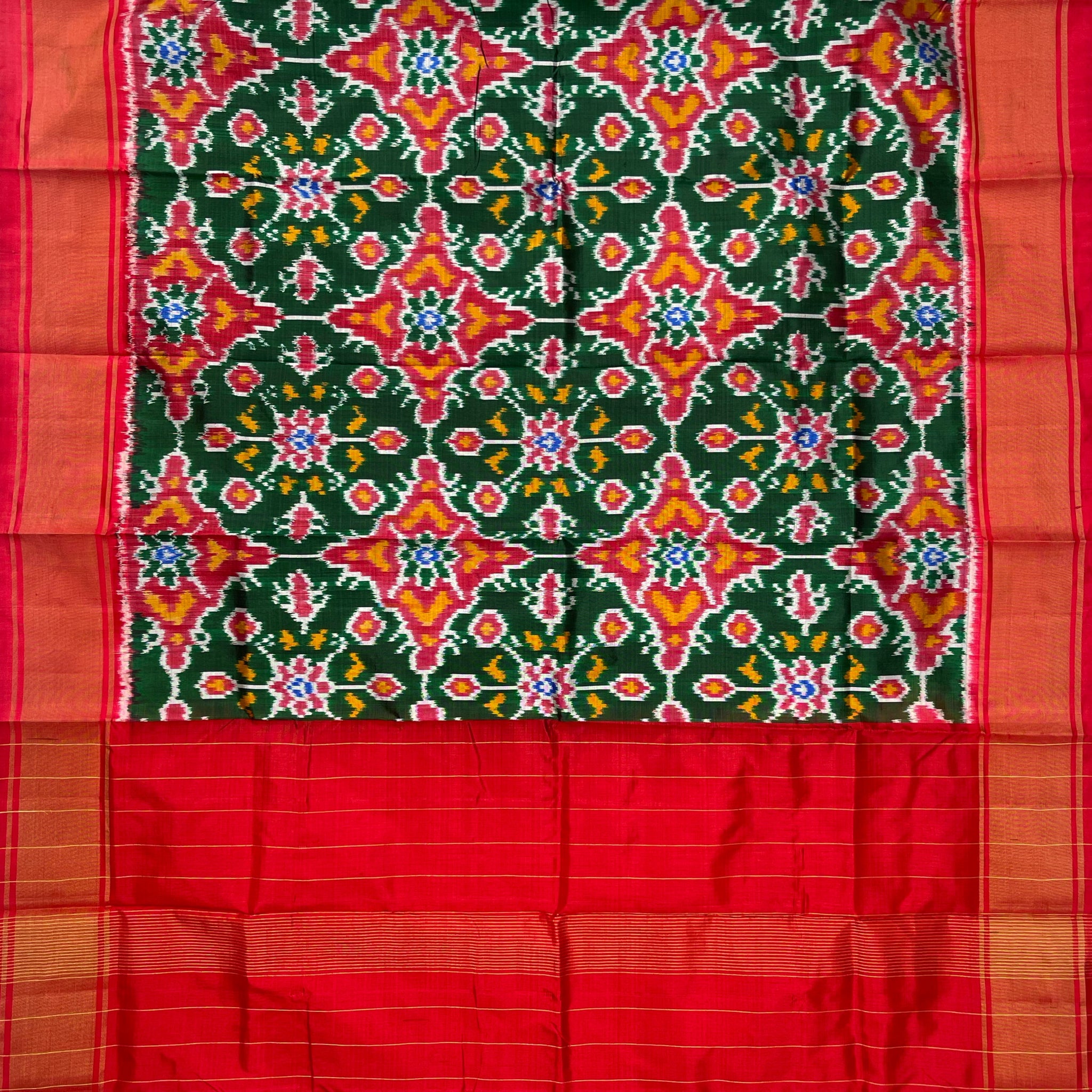 Bottle Green & Red colour Pochampalli Ikkat Handloom silk duppata