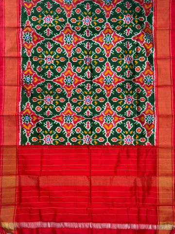 Bottle Green & Red colour Pochampalli Ikkat Handloom silk duppata