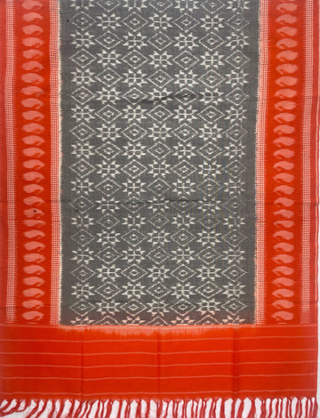 Pochampally Ikkat Cotton Duppata In Gray & Orange Colour