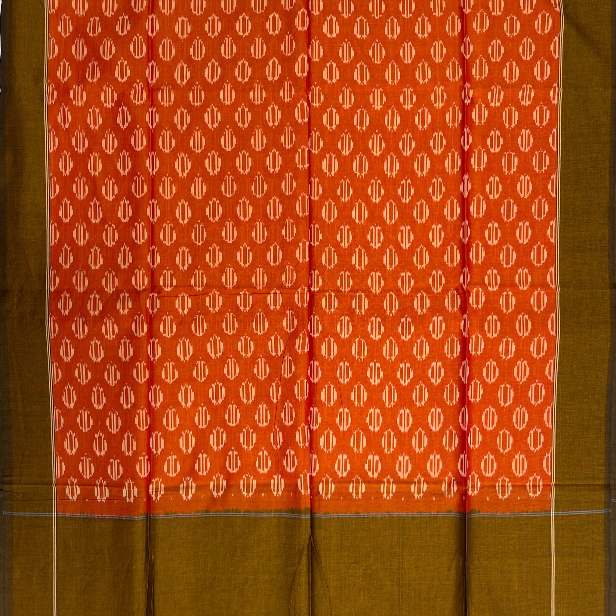 Pochampally Ikkat Cotton Duppata In Orange & Mahendi green Colour