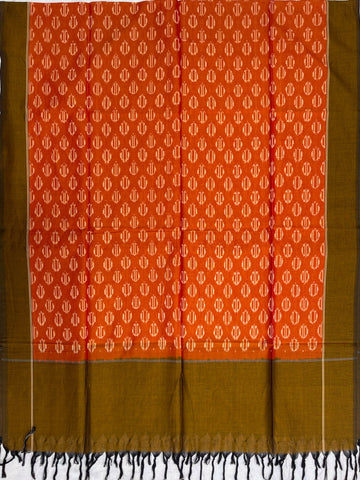 Pochampally Ikkat Cotton Duppata In Orange & Mahendi green Colour