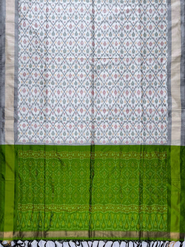 Off White & Green colour Pochampalli Ikkat Handloom Raw silk duppata