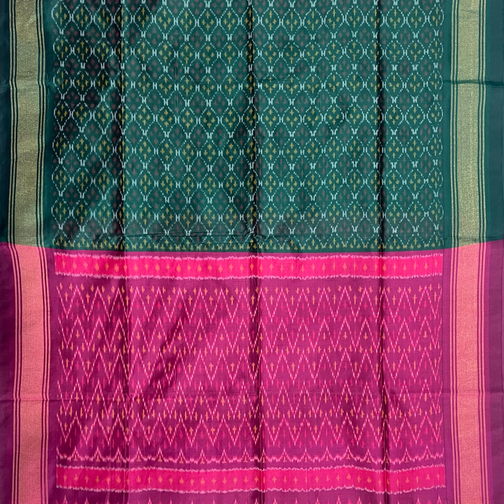 Green & Pink Colour Pochampally Ikkat Silk Cotton Duppata