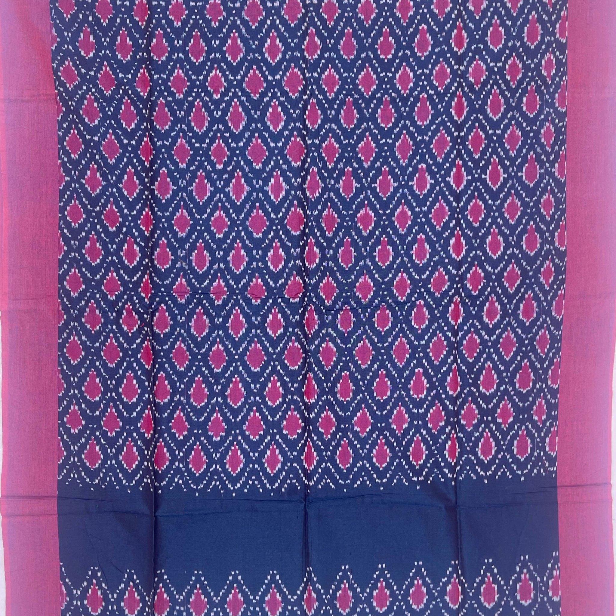 Pochampally Ikkat Cotton Duppata In NavyBlue & Magenta pink