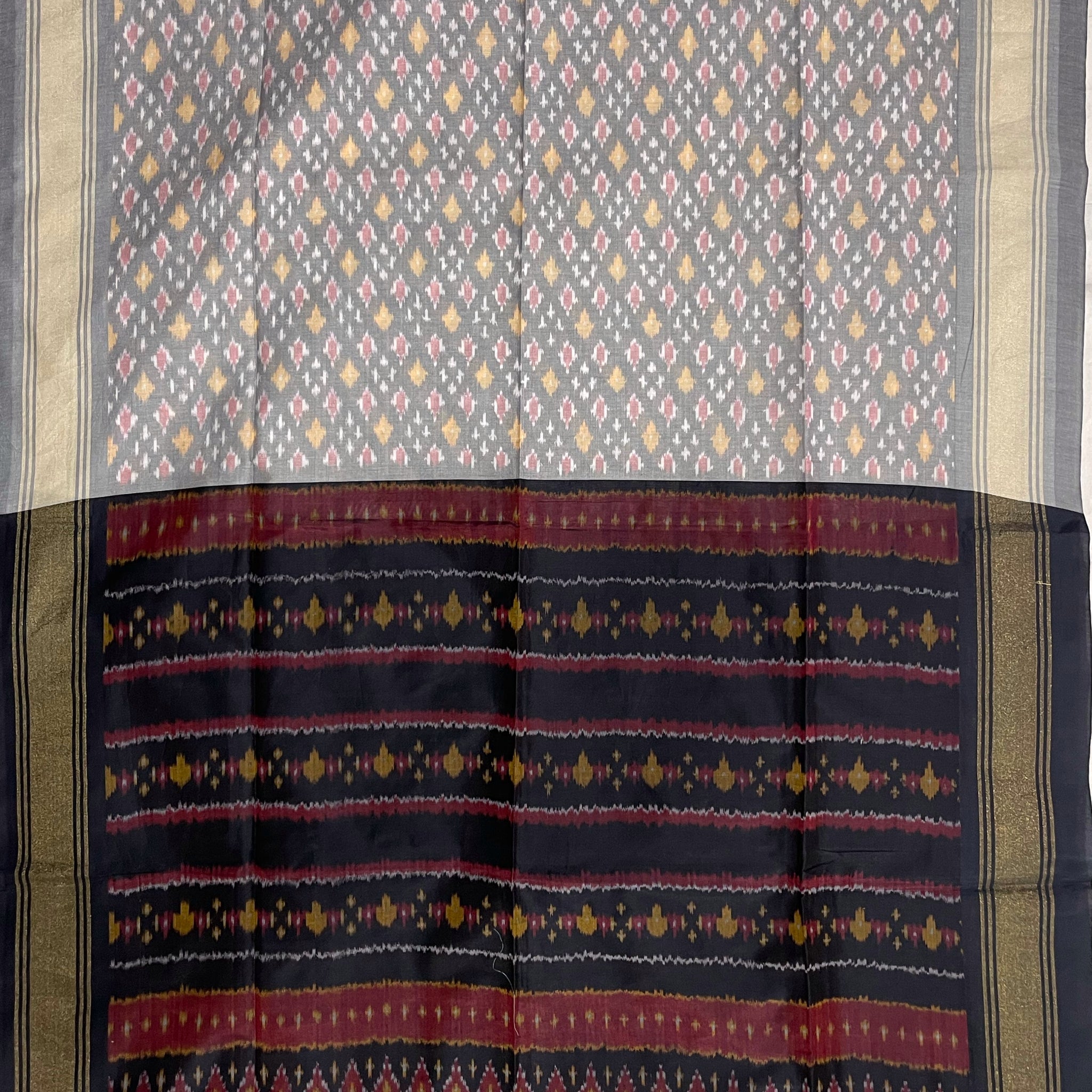 Gray & Black Colour Pochampally Ikkat Silk Cotton Duppata