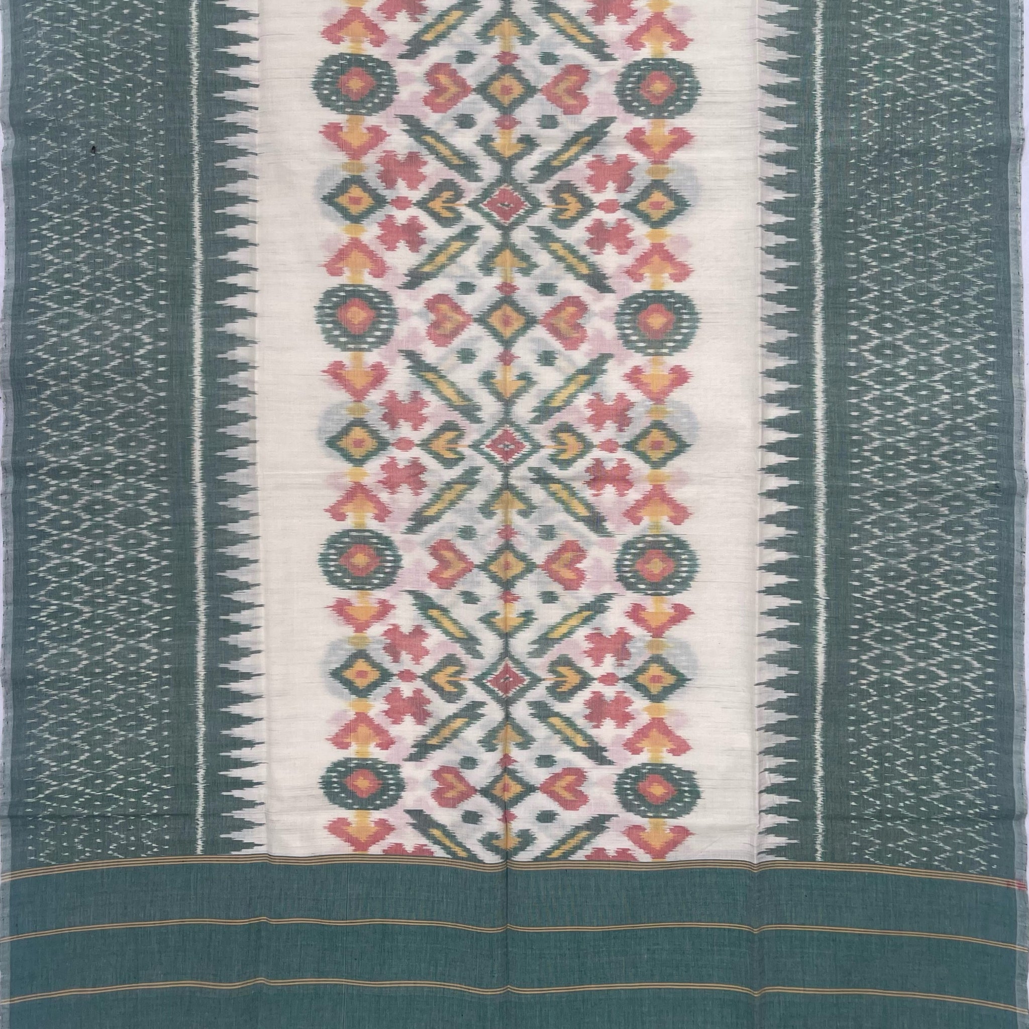Pochampally Ikkat Cotton Duppata In Pestal Green & Half White