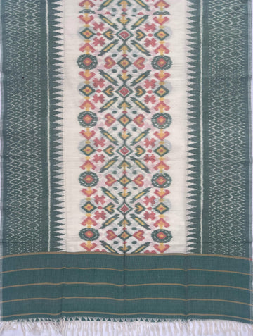 Pochampally Ikkat Cotton Duppata In Pestal Green & Half White