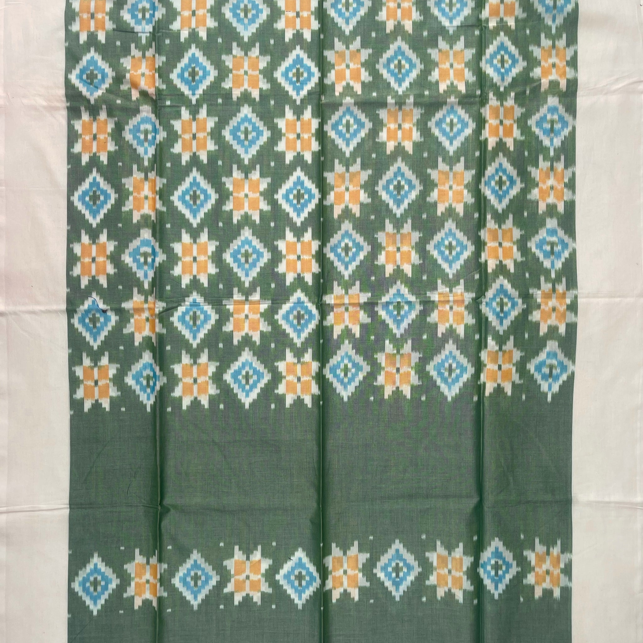 Pochampally Ikkat Cotton Duppata In Pestal Green & Off White Colour
