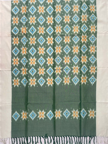 Pochampally Ikkat Cotton Duppata In Pestal Green & Off White Colour