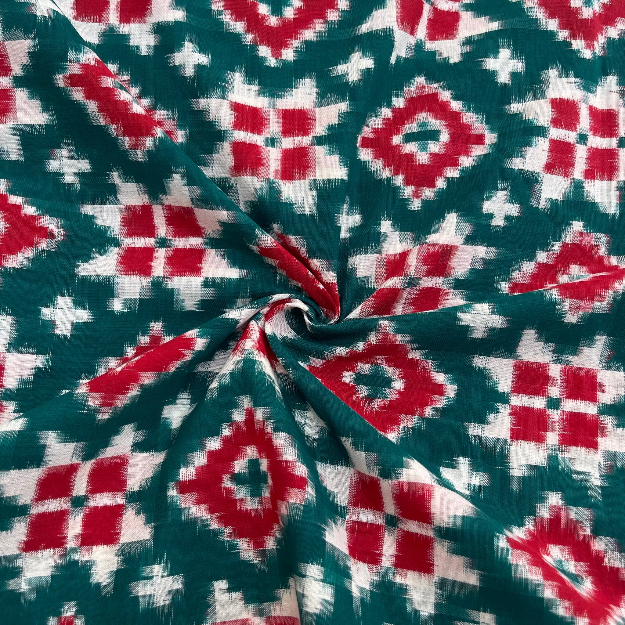 Green & Red Telia Rumal Ikkat Cotton Fabric