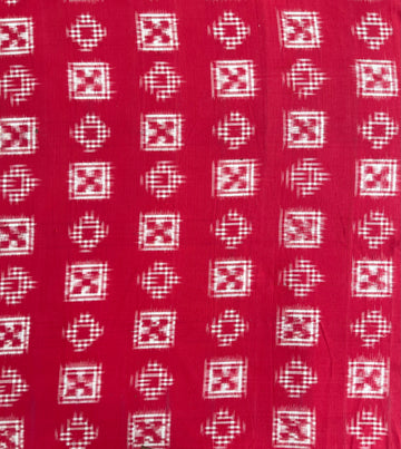 Geometric Design in Double Ikkat Cotton Fabric In Red Color