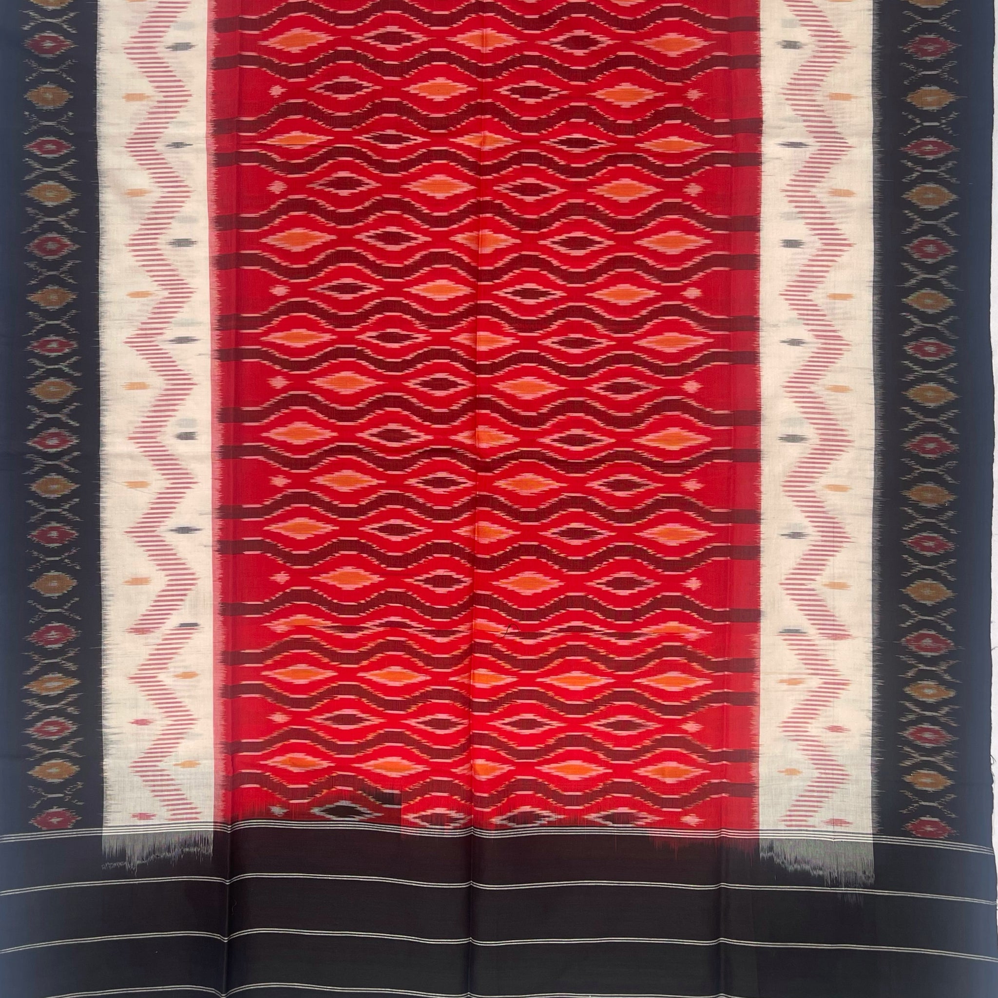 Pochampally Ikkat Cotton Duppata In Red & Black Multi Colours