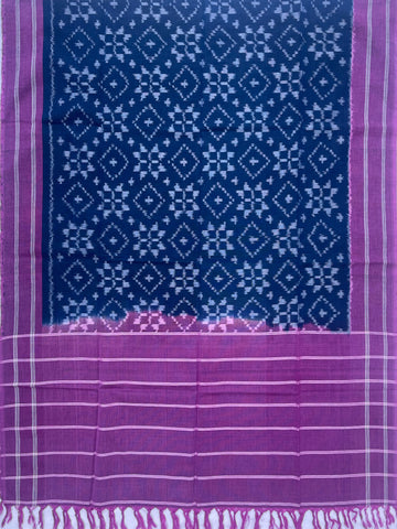 Pochampally Ikkat Cotton Duppata In Indigo Blue & Violet Colour