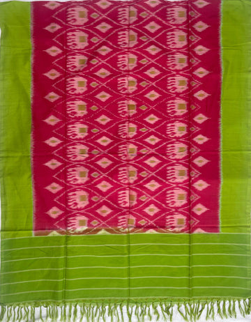Pochampally Ikkat Cotton Duppata In Pink & Green Colour