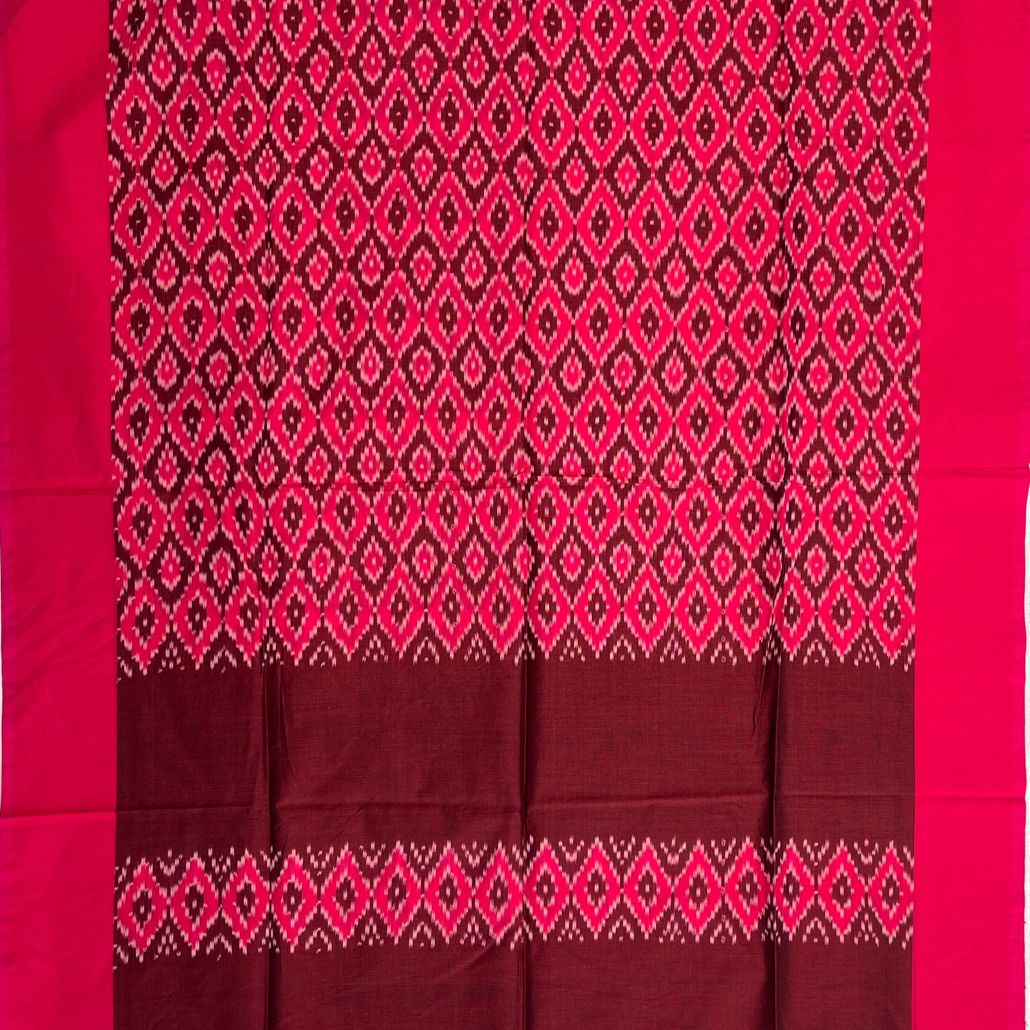 Pochampally Ikkat Cotton Duppata In Pink & Brown