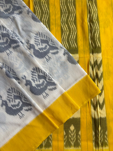 Ivory Peacock Motif Handloom Cotton Saree with Lemon Yellow Border