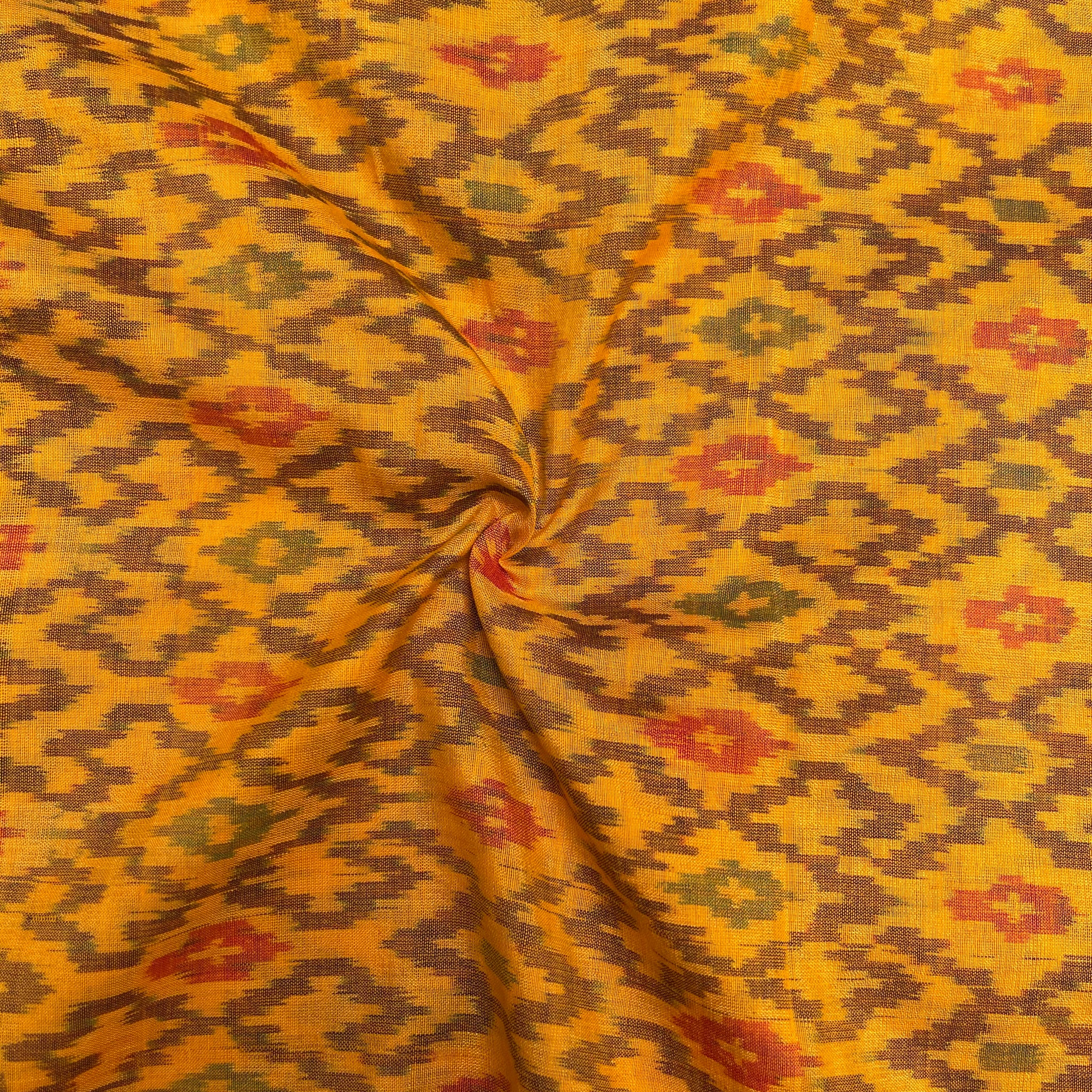 Yellow Color  Raw Silk Ikkat cotton Fabric 1.8 meters