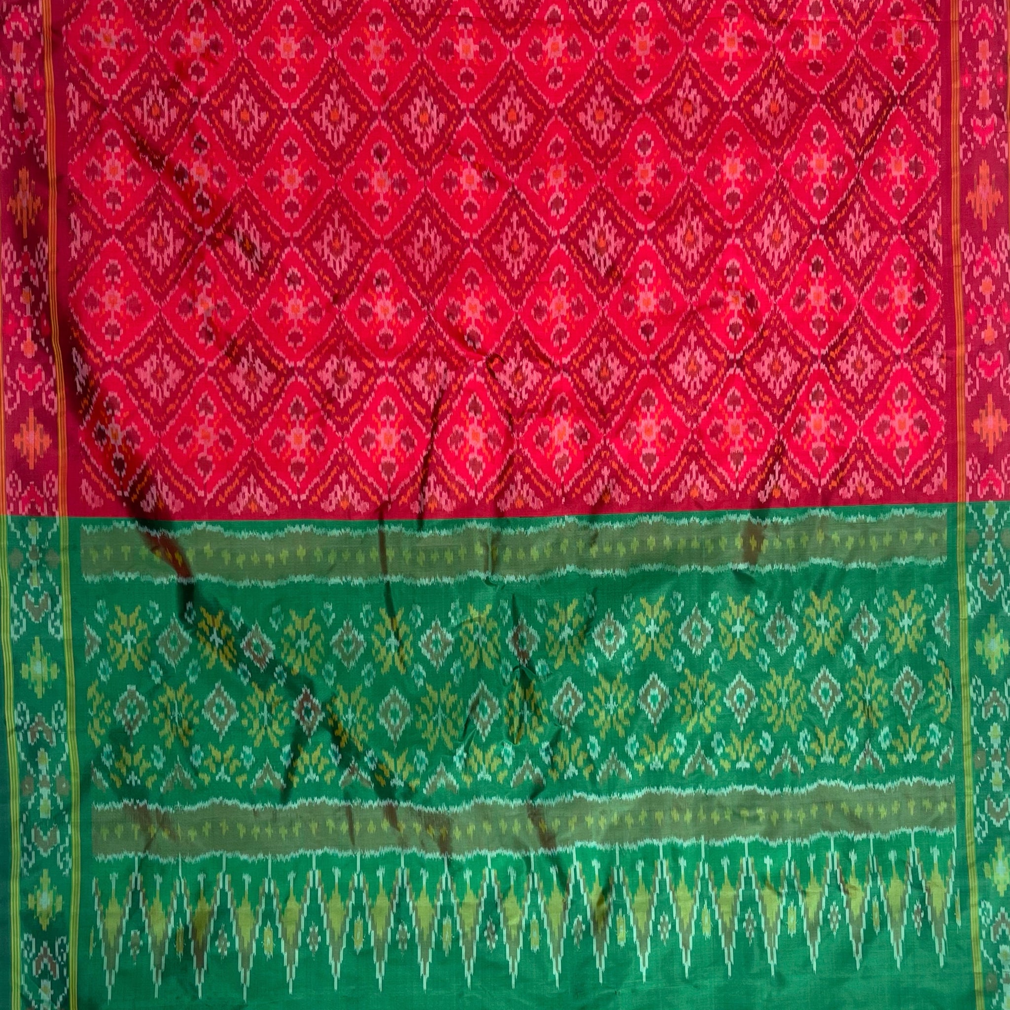 Red & Green  Ikkat Silk Duppata