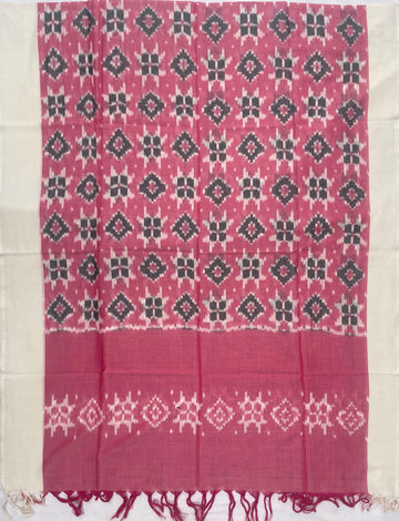 Pochampally Ikkat Cotton Duppata In Pestal Pink & Off White Colour