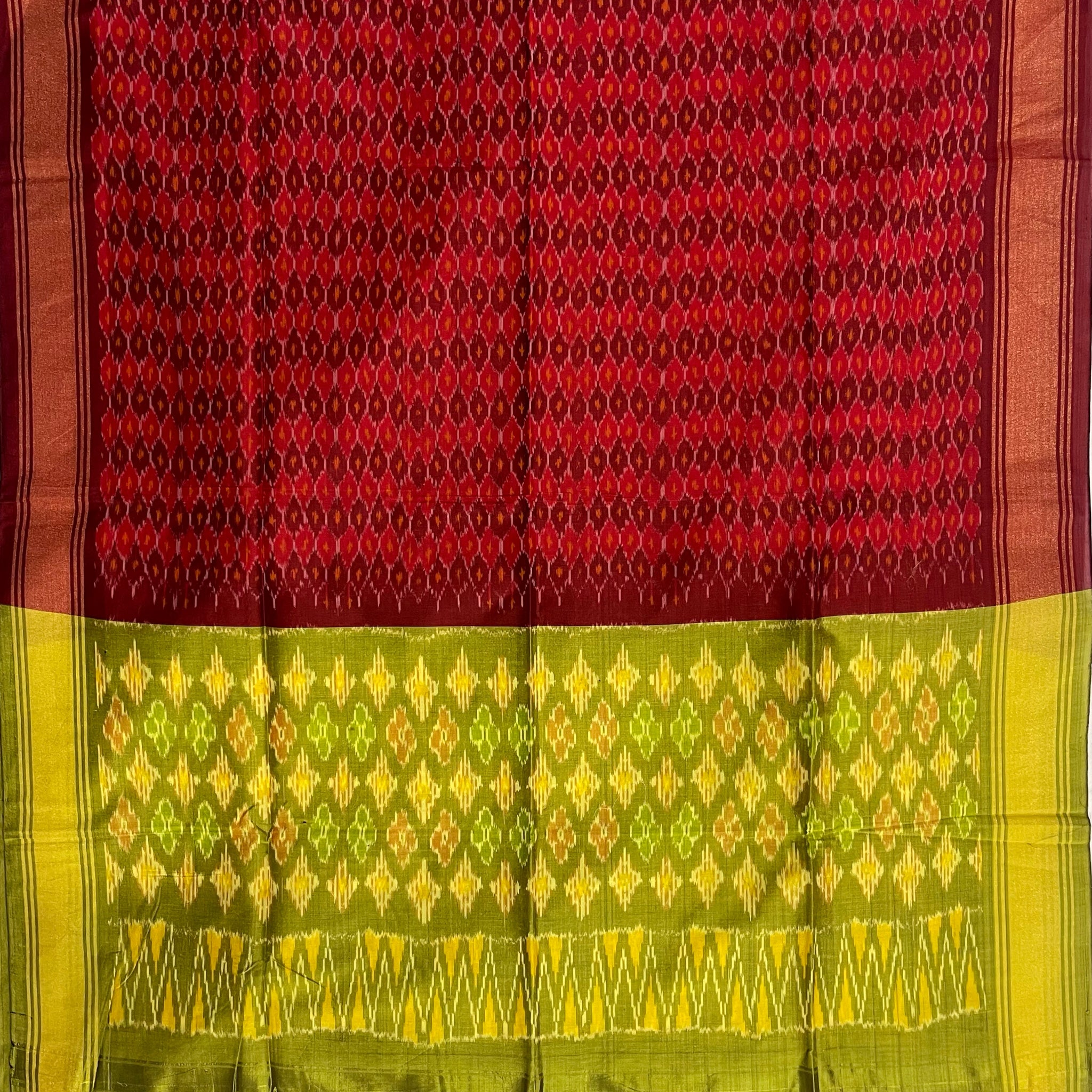 Red & Green Colour Pochampally Ikkat Silk Cotton Duppata