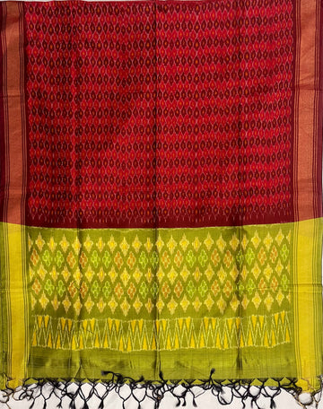 Red & Green Colour Pochampally Ikkat Silk Cotton Duppata