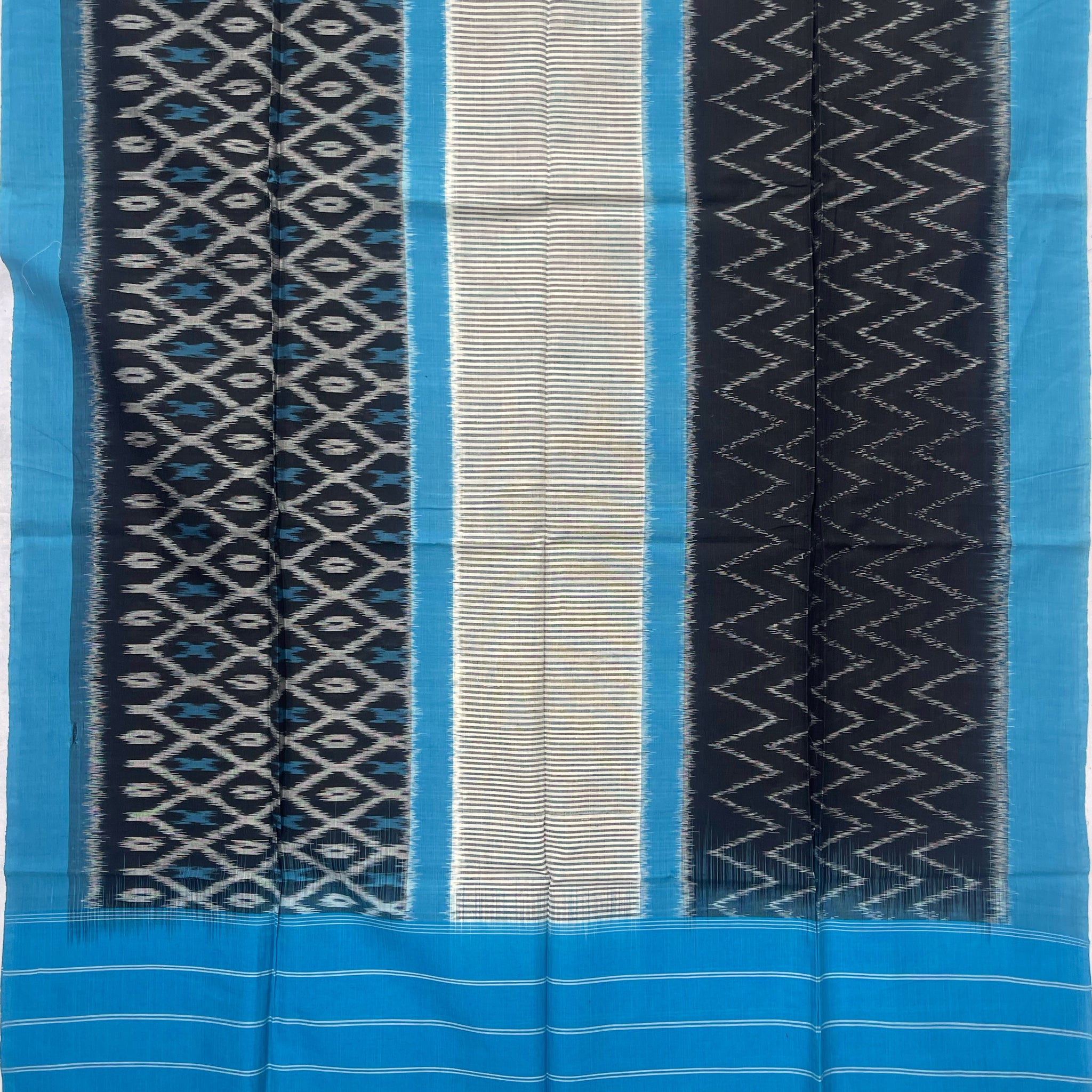 Pochampally Ikkat Cotton Duppata In Black & Sky Blue Colour